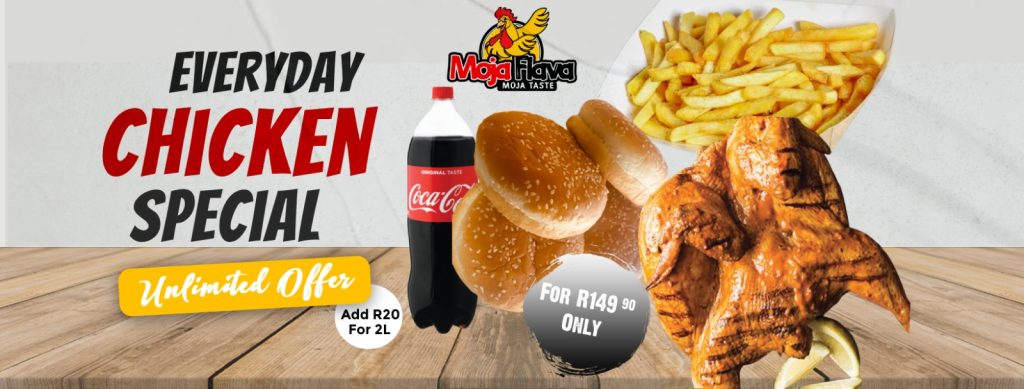 SPONSORED | Hungry? Life’s too short for boring food, Moja Flava brings you “Everyday Chicken Special’ for R149.90, Tlatsa ka R20 to get a 2L Cold drink, More flavour for less.
Visit Moja Flava restaurant at Aubrey Matlala Road, Block L in Soshanguve, and try their Moja taste. Every day is a good day ko Moja Flava. Contact them on 012 797 2018.